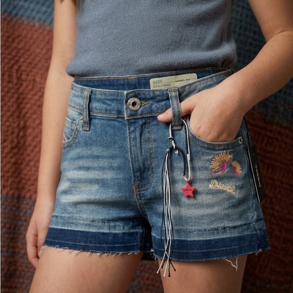 Diesel Vintage Blue Jean Shorts with Embroidery